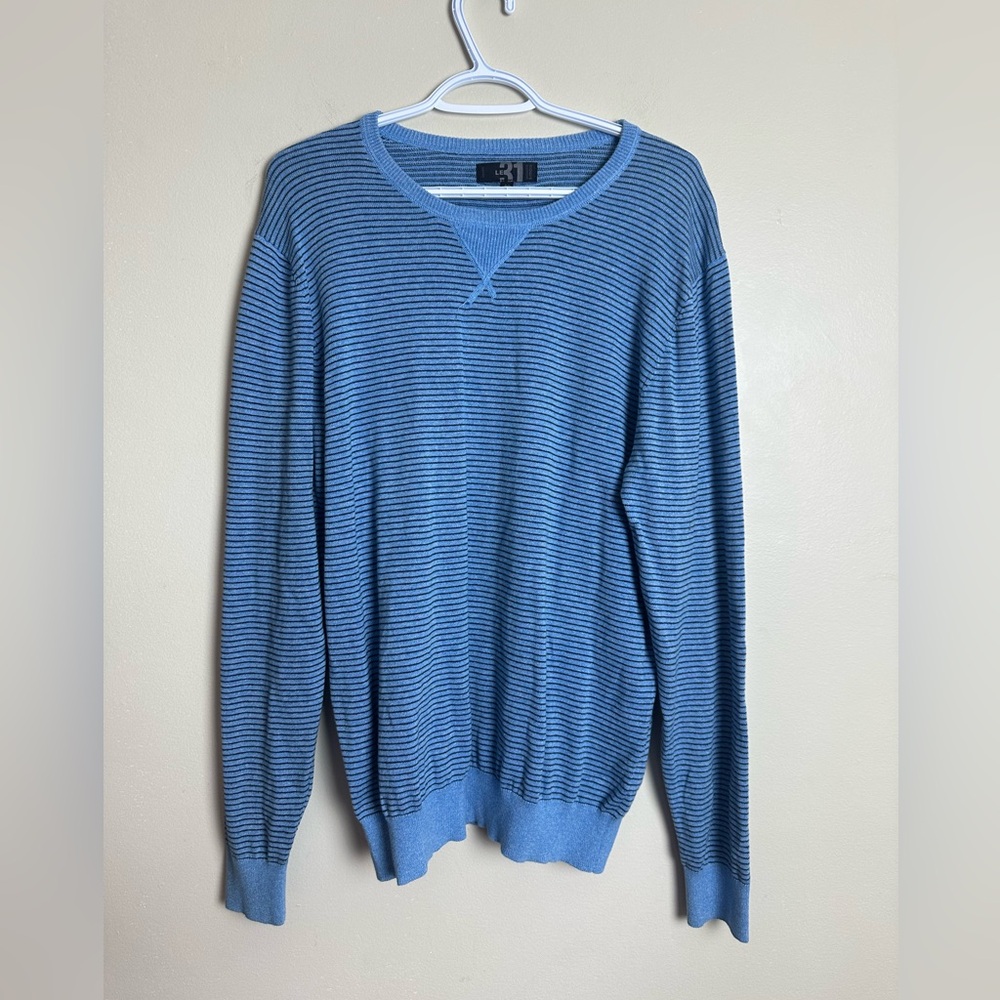 Simons Size L Blue Striped V-Neck Sweater
